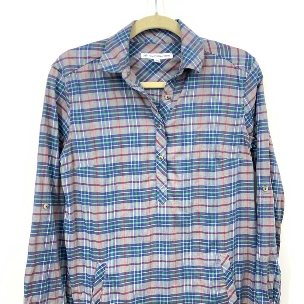 Southern Tide Women XS Shirt Dress Long Sleeve Popover 1/2‎ Button Blue Plaid - Picture 2 of 8